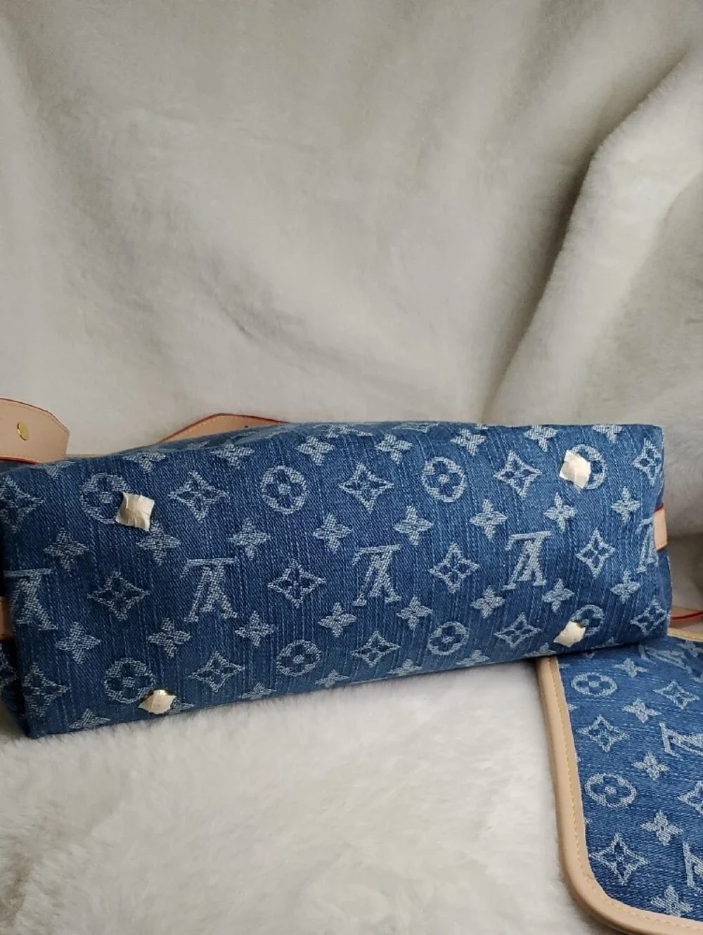 Blue Monogram Denim Shoulder Bag with Beige Trim
